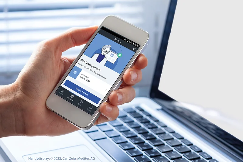 UX-Writing für medizinische Anwendungen – verständlich, klar, benutzerfreundlich mit eDok Smartphone mit medizinischer App zur Terminplanung – intuitive Benutzeroberfläche